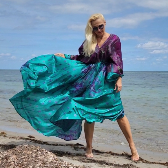 Handprinted Silk Authentic Designer Kimono Batik Long Maxi Dress Luxury Resort - Picture 7 of 16